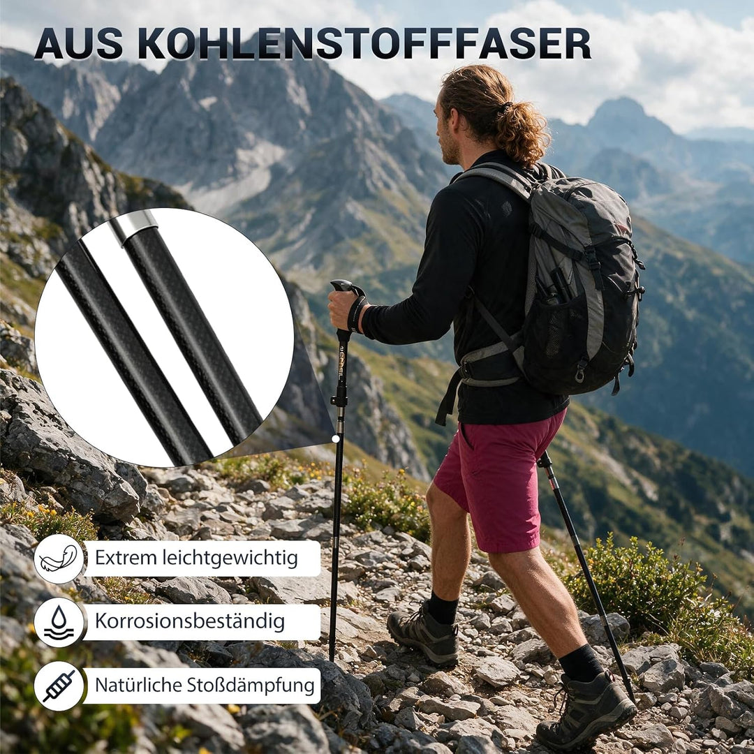 Premium Carbon Wanderstöcke Ultraleicht, Verstellbare Trekkingstöcke 107-125cm mit Korkgriff &amp; Eva-V