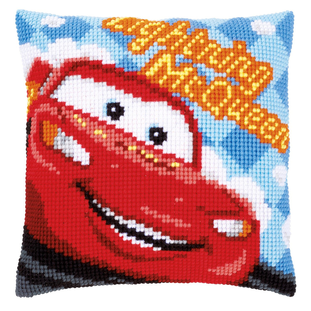 Vervaco Kreuzstichkissen Lightning McQueen Kreuzstickpackung vorgedruckt, Stramin, weiss, 40 x 40 x