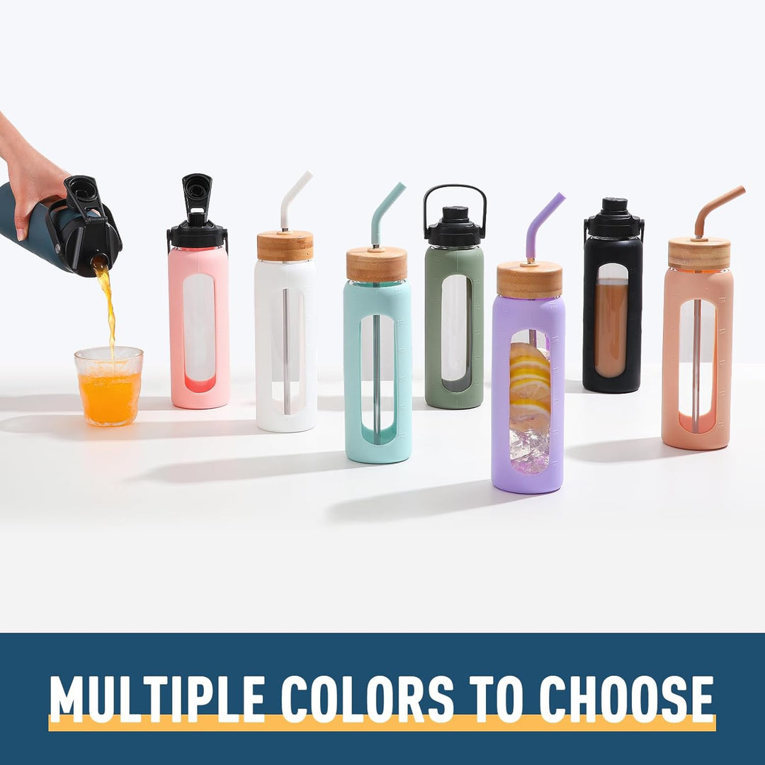 BLUEGO Trinkflasche Glas 700ml Sport Wasserflasche mit 2 Deckeln und Strohhalm Auslaufsichere Glasfl