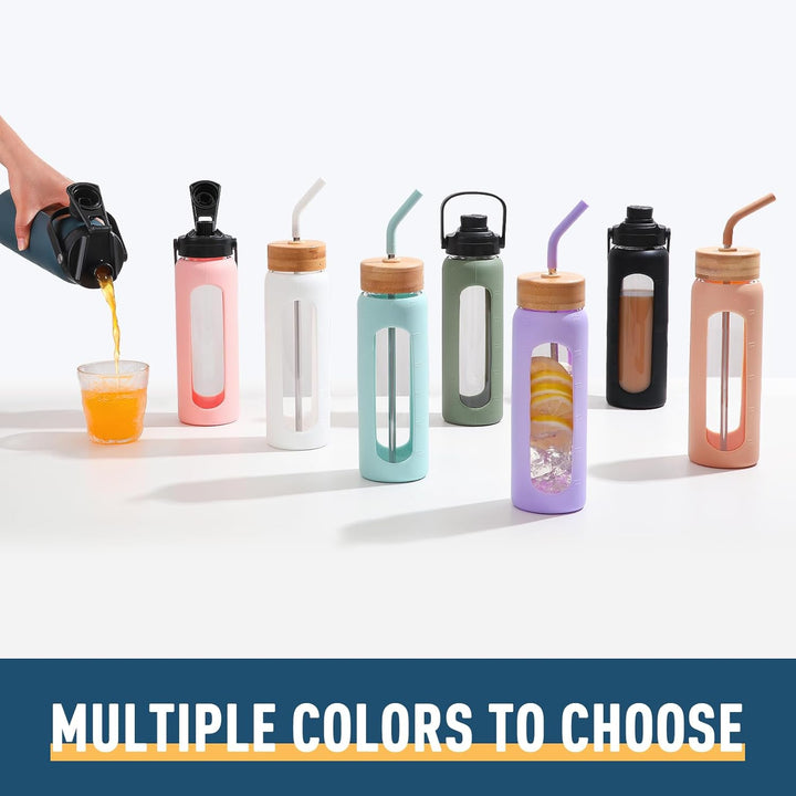 BLUEGO Trinkflasche Glas 700ml Sport Wasserflasche mit 2 Deckeln und Strohhalm Auslaufsichere Glasfl