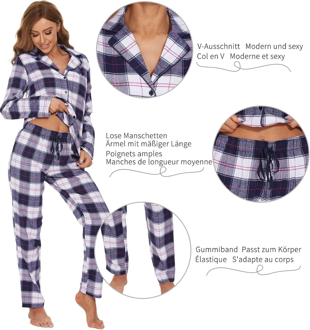 Mnemo Home Damen Schlafanzug Lang Flanell Pyjama Damen 100% Baumwolle aus Flanell Blau &amp; Weiss S, Bl