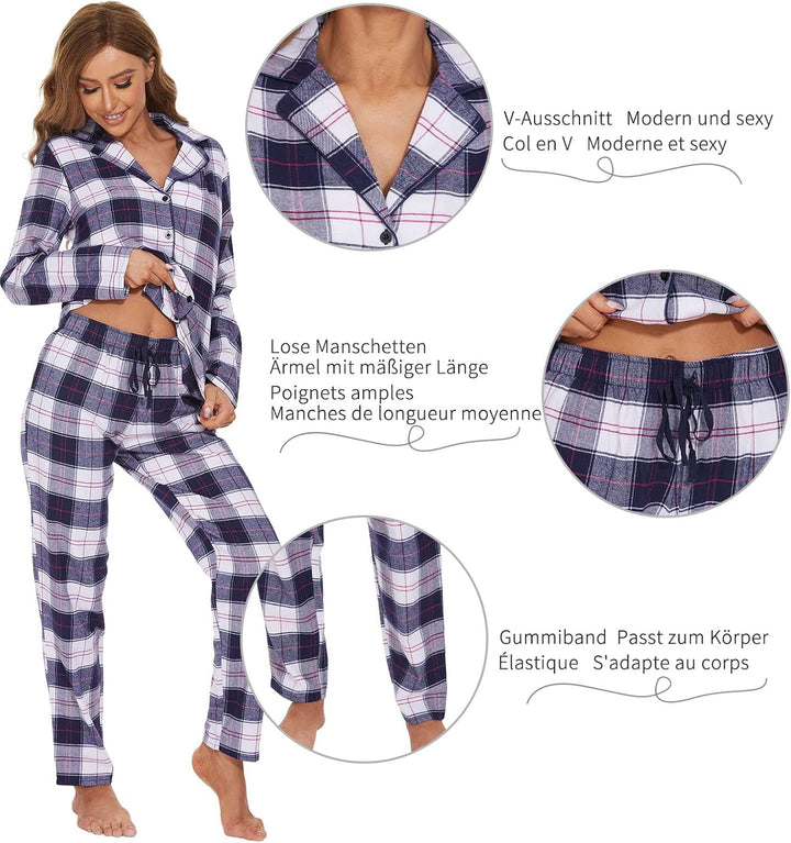Mnemo Home Damen Schlafanzug Lang Flanell Pyjama Damen 100% Baumwolle aus Flanell Blau &amp; Weiss S, Bl