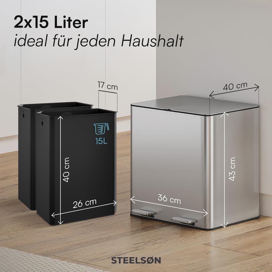 STEELSØN Gloas Mülleimer 2 Fächer – Mülltrennsystem Küche 2x15 L aus Edelstahl Silber – Tretmülleime