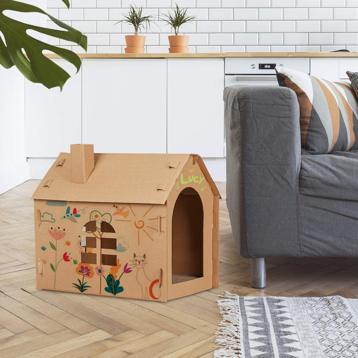 Relaxdays Katzenhaus Pappe, Katzenhöhle mit Kratzbrett, zum Zusammenbauen, inkl. Katzenminze, 46 x 3