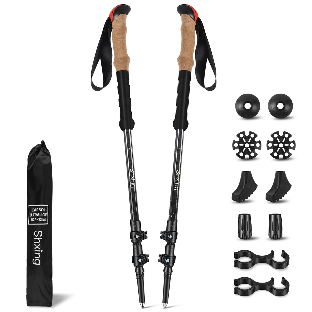 Teleskop-Wanderstöcke Carbon 2er Set, 200 g pro Stock, 62–135 cm verstellbar, leicht & stabil, Korkg