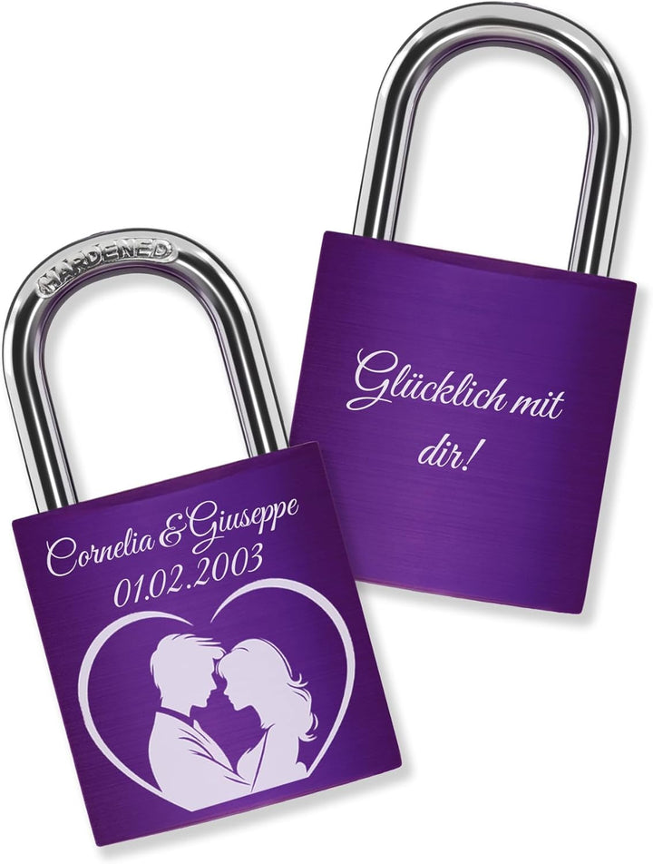 Liebesschloss mit Gravur + 2 Schlüssel - Violett - frei gestaltbar mit vielen Farben, Pärchenmotiven