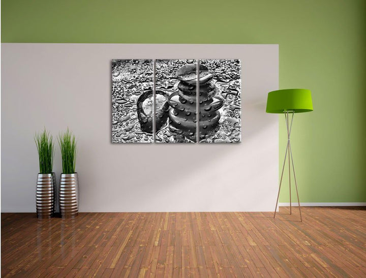 Pixxprint Zensteinturm im Regen als Leinwandbild/Grösse: 3 Teilig (120x80) cm/Wandbild/Kunstdruck/fe