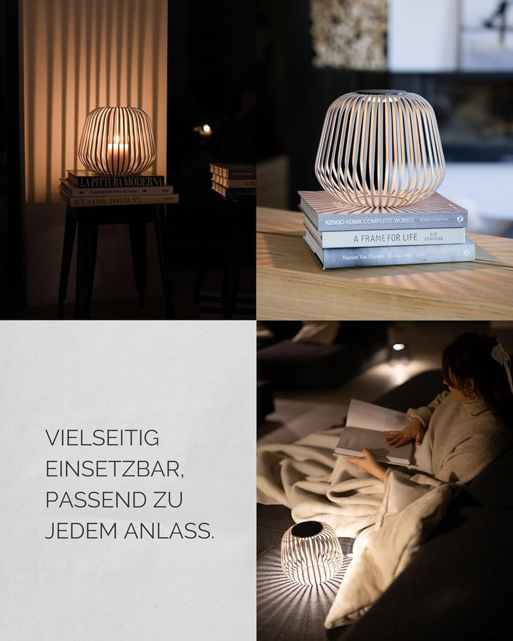 LUUK Studio Kabellose Tischlampe aufladbar via Solar &amp; USB-C, modernes Boho Design, dimmbar &amp; Windli