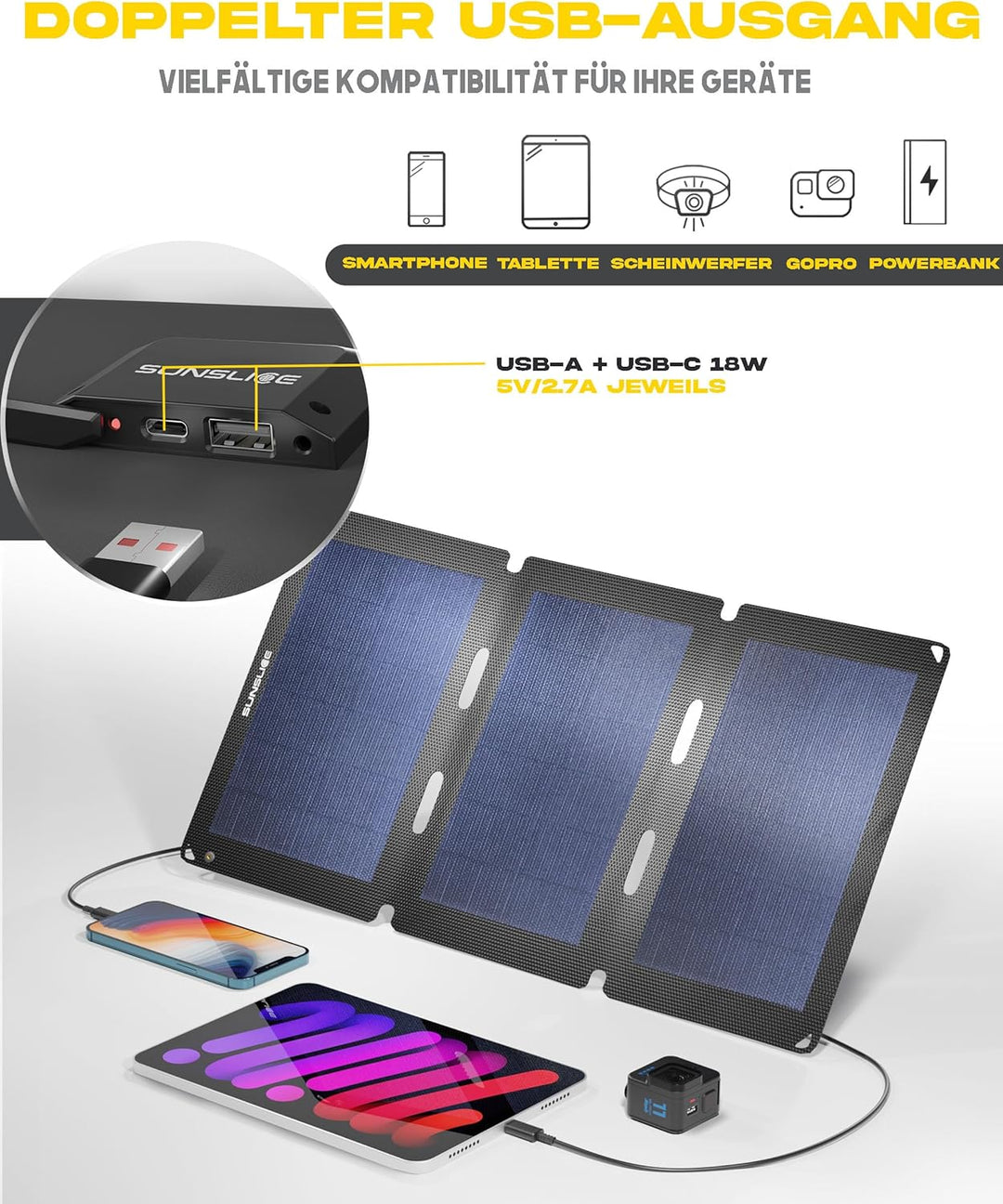Solar Charger Outdoor, Solarmodul flexibel, Solaranlage Camping, Solar Charger wasserdicht mit leist
