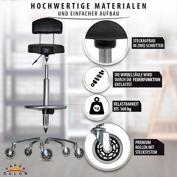 Ergonomischer Rollhocker mit Premium-Rollen und Fussring - Höhenverstellbar von 55-75 cm - Drehhocke