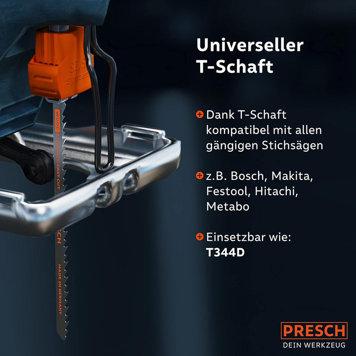 Presch Stichsägeblätter Holz 10 Stk. (Lang) - Extrem schneller, gerader Schnitt (5-100mm) - Profi St