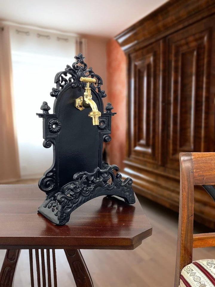 Schlauchhalter mit Wasserhahn schwarz Aluminium Garten 39cm Antik-Stil