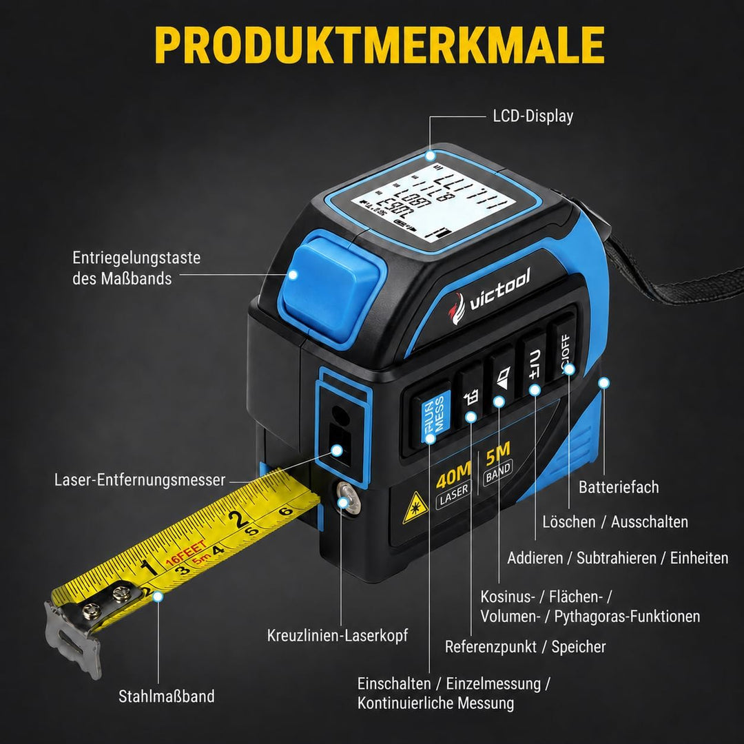 4-in-1 Laser Massband 40m + 5m Bandmass, Wiederaufladbarer Laser-Entfernungsmesser mit Wasserwaage u