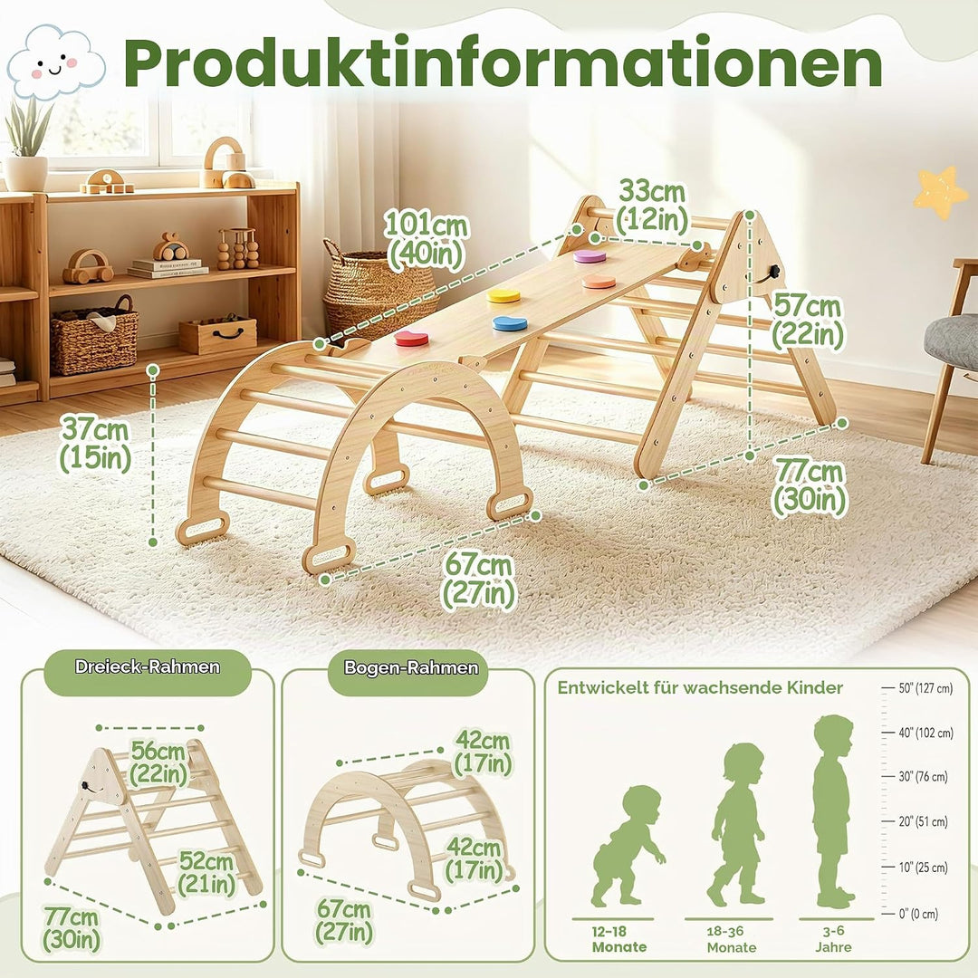 Froadp Klettergerüst Indoor 3-in-1 mit Rutsche und Kletterbogen Kletterdreieck aus Naturholz Klappba