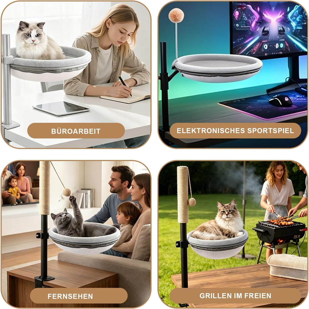 Katzenbett Schreibtisch Katzenplattform 360° Drehbar Höhenverstellbar | Katzenhängematte mit Grau Ne