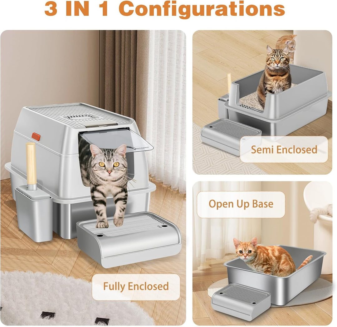 Edelstahl Katzenklo XXL 37L – Geschlossene Katzentoilette für grosse Katzen, mit 120° Klappdeckel, T