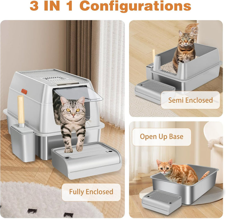 Edelstahl Katzenklo XXL 37L – Geschlossene Katzentoilette für grosse Katzen, mit 120° Klappdeckel, T