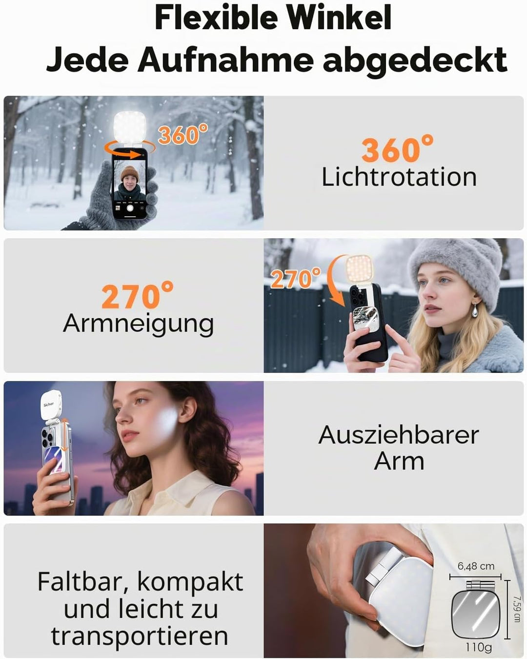 CloudValley Magnetisches Selfie Licht mit Spiegel, 3-in-1 Tragbares LED Ringlicht für iPhone &amp; Andro