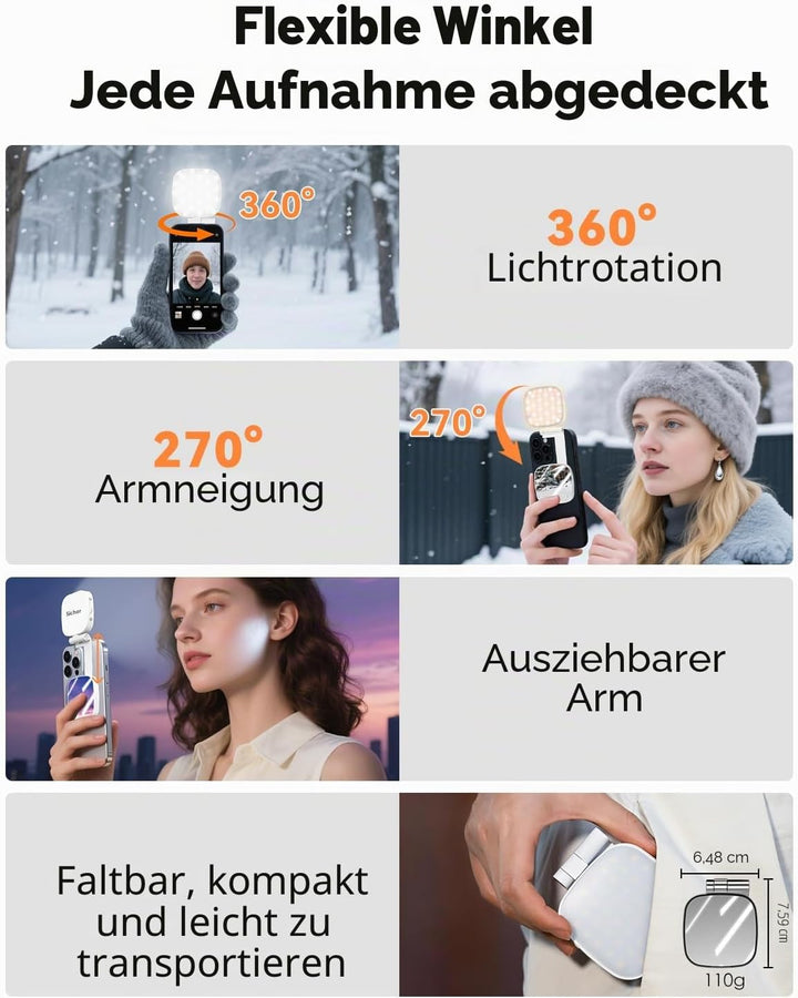 CloudValley Magnetisches Selfie Licht mit Spiegel, 3-in-1 Tragbares LED Ringlicht für iPhone &amp; Andro