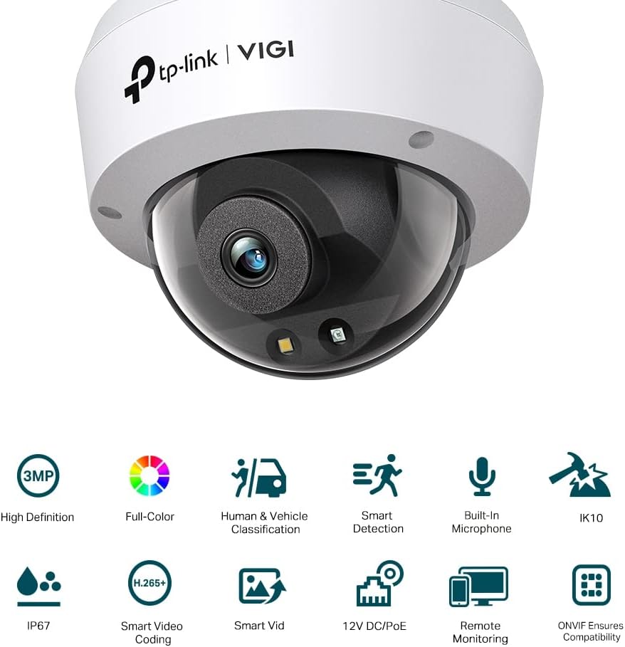TP-Link VIGI C230 Smart Sicherheitskamera mit 4 mm Objektiv, 3 MP HD Vollfarbkuppel-Netzwerkkamera,