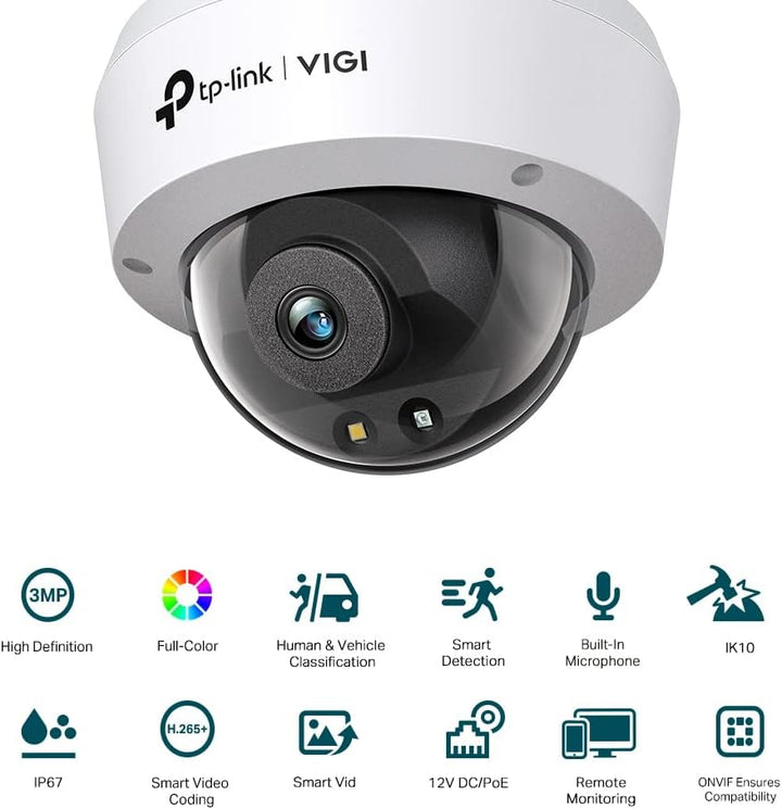 TP-Link VIGI C230 Smart Sicherheitskamera mit 4 mm Objektiv, 3 MP HD Vollfarbkuppel-Netzwerkkamera,
