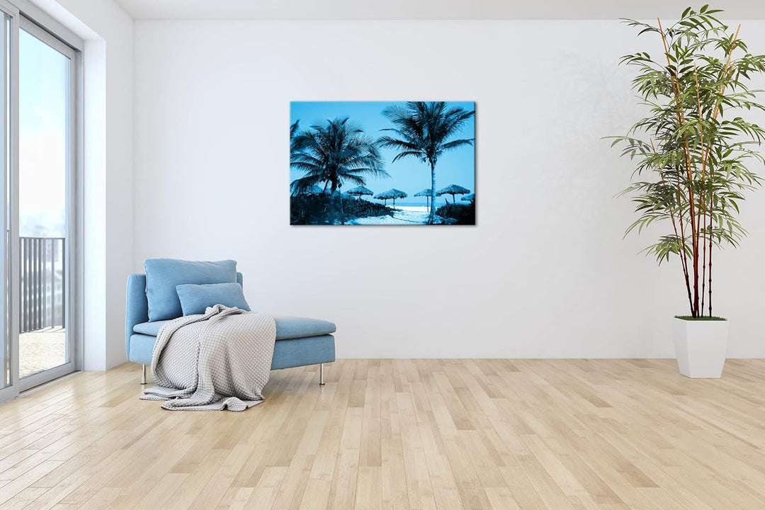 deyoli exotischer Palmenstrand Format: 60x40 Effekt: Monocrome Blau als Leinwand, Motiv fertig gerah