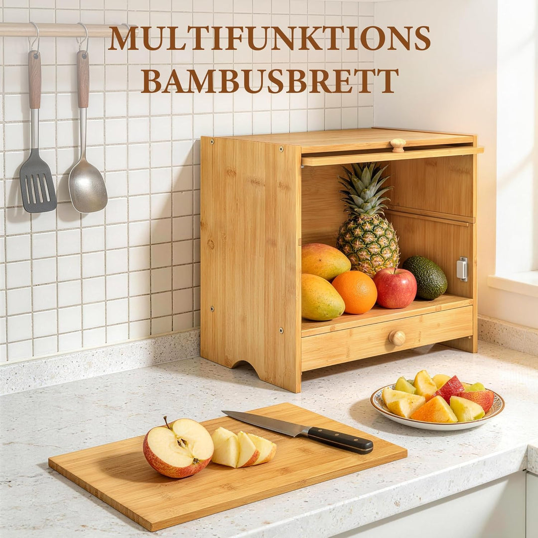 2 Stöckiger Brotkasten mit Schneidebrett, 38.5x36x25cm Natürlicher Bambus Brotbox mit Fenster für Kü