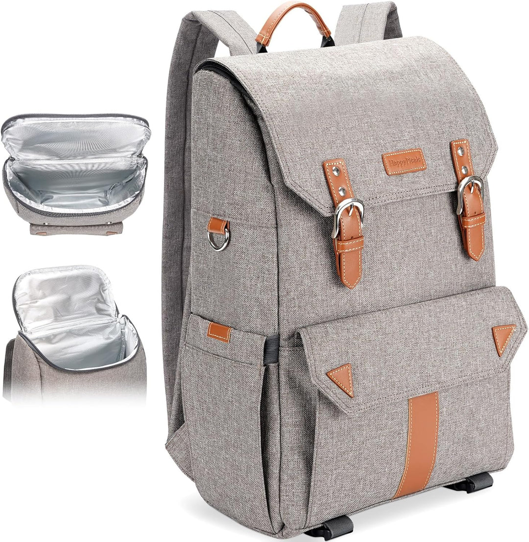 HappyPicnic Isolierter Picknickrucksack mit geräumigem Kühlfach, Flaschenhaltern und grossem wasserd