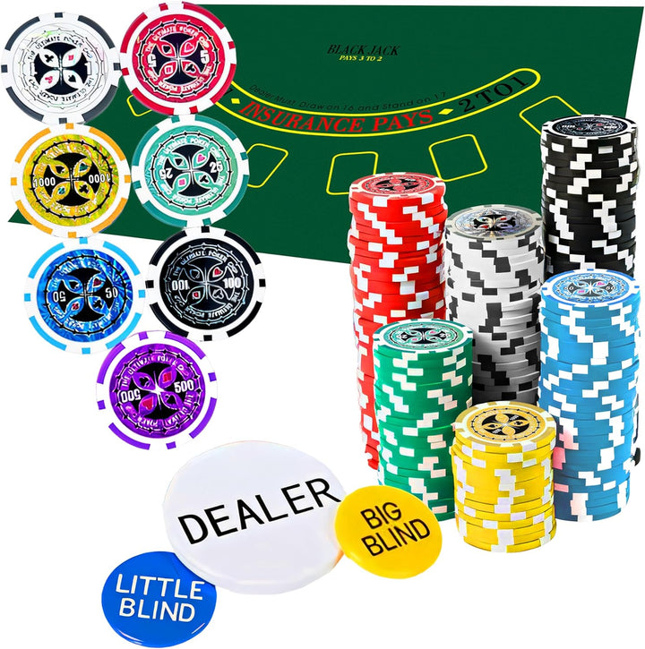 Retoo Pokerkoffer Set 500 Chips im Aluminiumkoffer – Komplettes Pokerset mit 2 Spielkartendecks, 5 W
