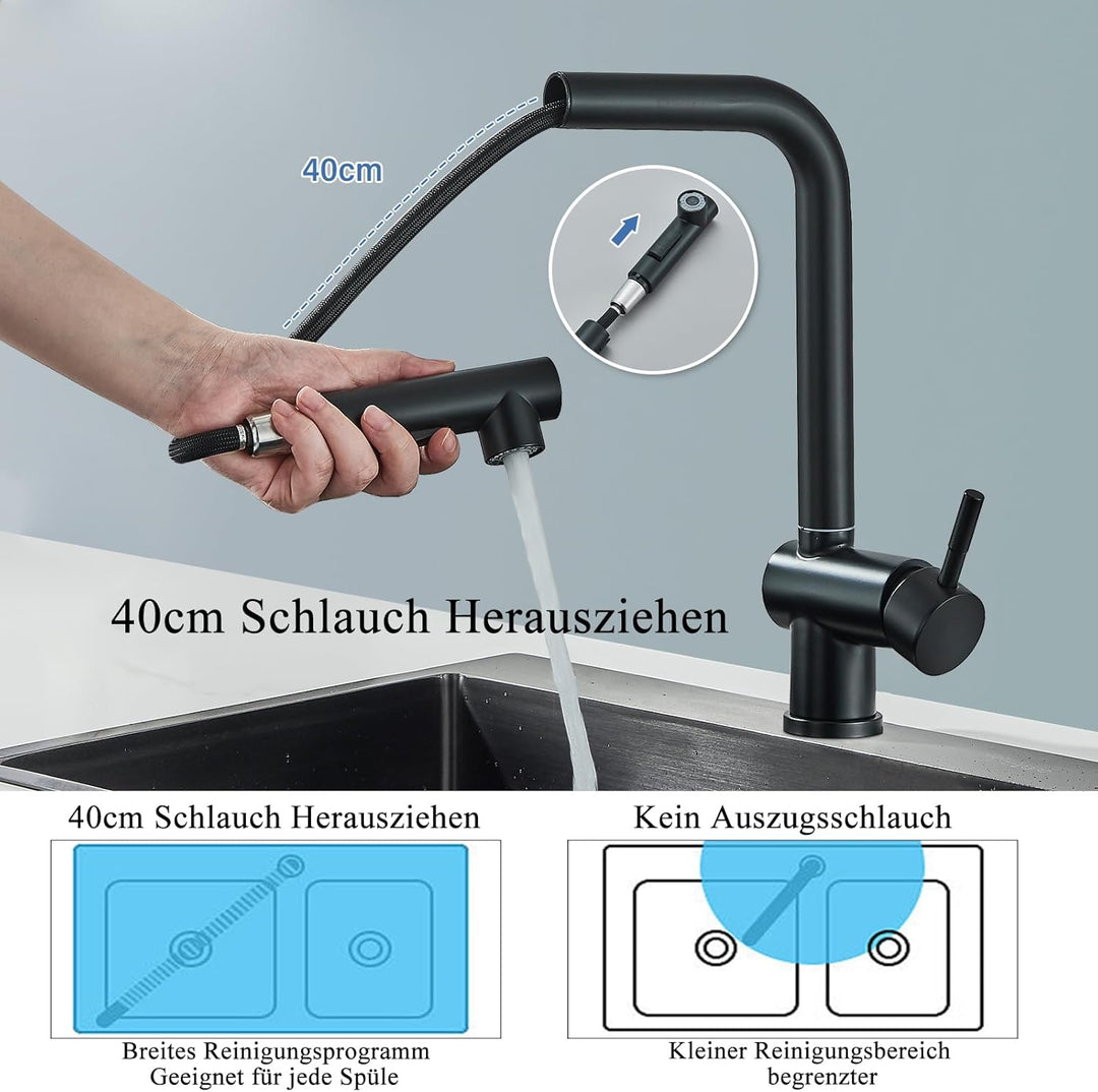 Wasserhahn Küche Schwarz Matt Hochdruck Spültischarmatur Küchenarmatur mit Brause Ausziehbar 360° Sc