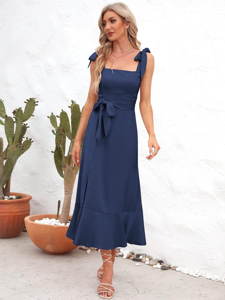 Odizli Damen Sexy Elegant Spaghetti Kleid mit Schlitz Sommerkleid Hochzeit Festliche Partykleid Lang