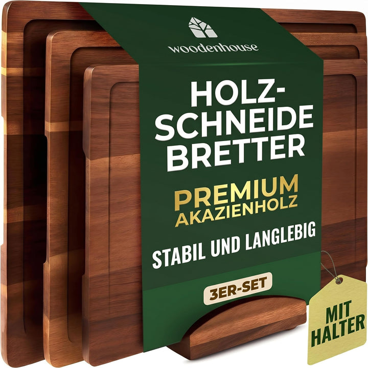 Akazienholz Schneidebrett Set Mit Ständer, 3er Set - Premium Akazienholz, Langlebig Holzbrett Küche