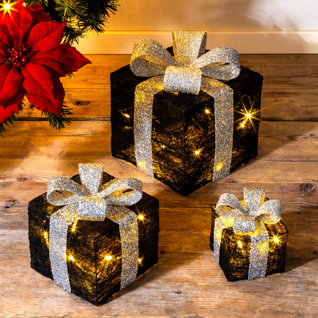 LED Geschenkboxen mit Timer 3er Set - Farbe - Weihnachts Dekoboxen warm weiss beleuchtet - Weihnacht
