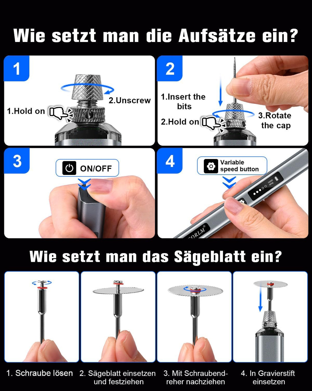 Gravierstift mit LCD Display & LED Licht, 31 Bits, 5 Gängen Elektrischer Gravur Stift, Kabelloses Gr