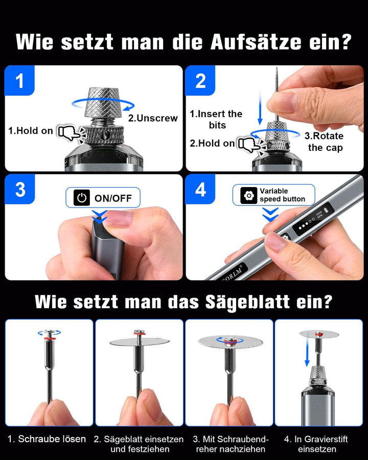 Gravierstift mit LCD Display & LED Licht, 31 Bits, 5 Gängen Elektrischer Gravur Stift, Kabelloses Gr