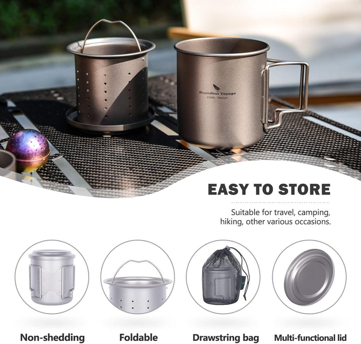 iBasingo 420ml / 14.2 fl oz Titan Becher mit Teesieb und Deckel Leichte Tasse mit Filter Outdoor Cam