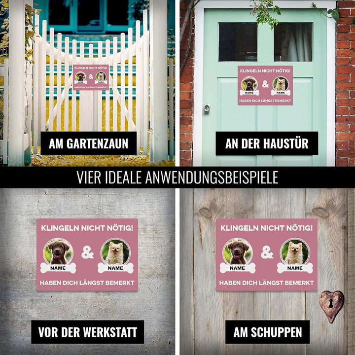 Hunde Schild personalisiert - Klingeln nicht nötig - Metallschild mit Foto und Name für aussen, wett