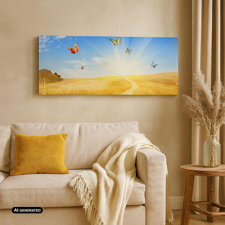 Wandbilder Dekoration Wohnzimmer Schmetterlinge Wiese Gras Panorama Bilder auf Leinwand 120x50cm Lei