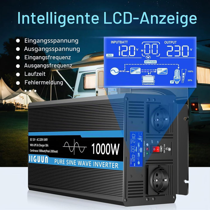 JIGUUN 1000W 2000W Wechselrichter Reiner Sinus Spannungswandler 12v 230v Mit 30A-Ladegerät und Netzv