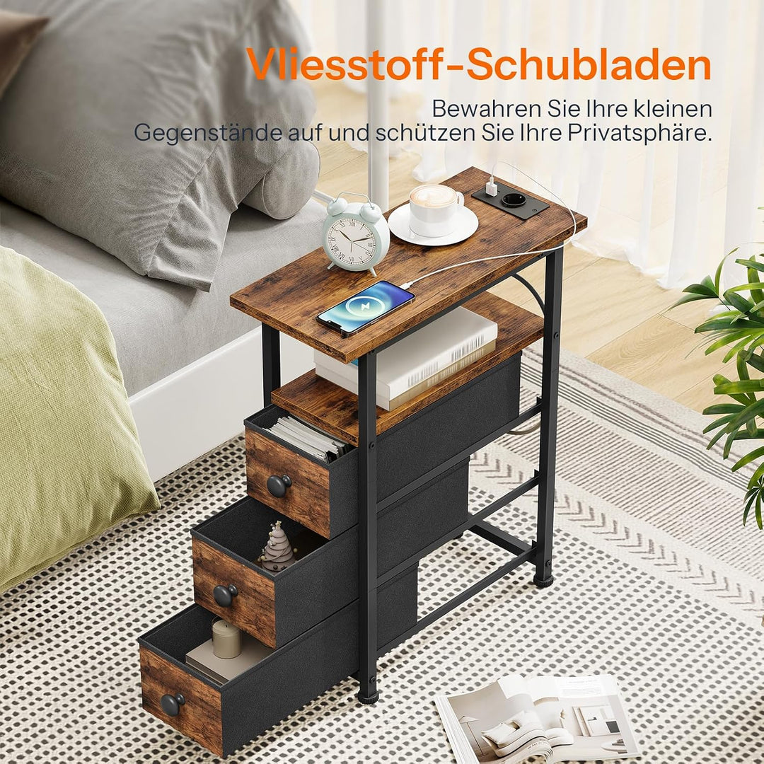 HOOBRO Nachttisch mit Ladestation, 1 Standardsteckdose, 2 USB-Anschlüsse, schmaler Beistelltisch, 3