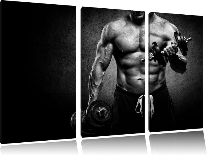 Dark Trainierender Bodybuilder schwarz/weiss 3-Teiler Leinwandbild 120x80 Bild auf Leinwand, XXL rie