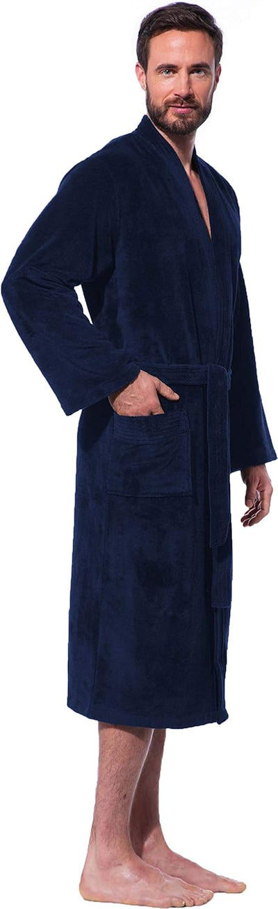 Morgenstern Herren Bademantel Kimono in Blau Männer Baumwolle Microfaser Viskose wadenlang leicht Gr