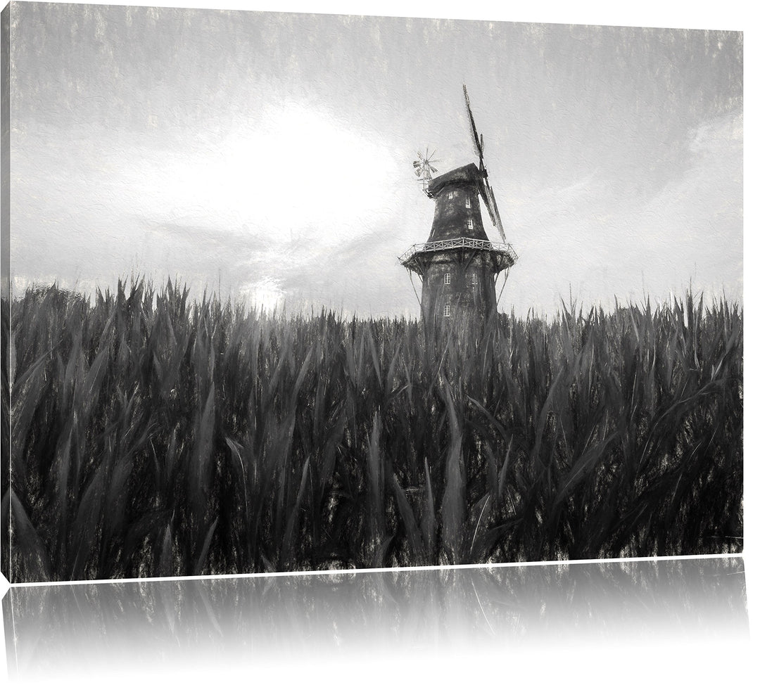 Pixxprint schöne Windmühle auf Dem Feld Kunst Kohle Effekt, Format: 100x70 auf Leinwand, XXL riesige