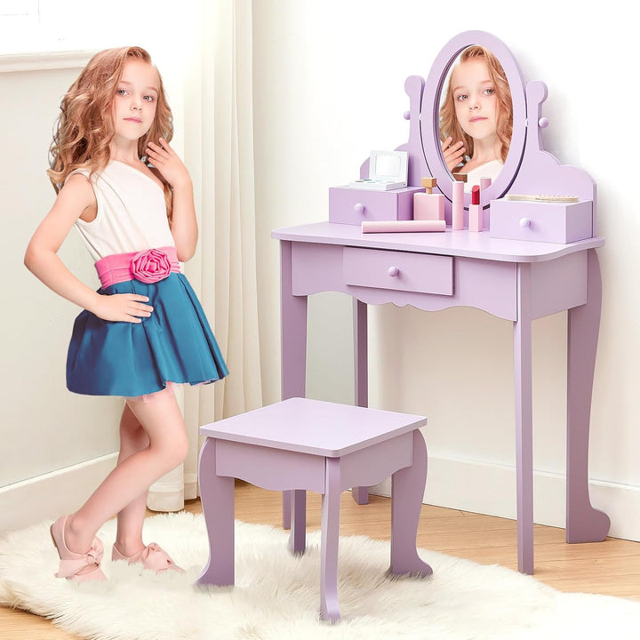 Garvee Prinzessin Schminktisch Set für Kinder aus Holz mit Spiegel & Hocker – Mit Schublade und Stuh