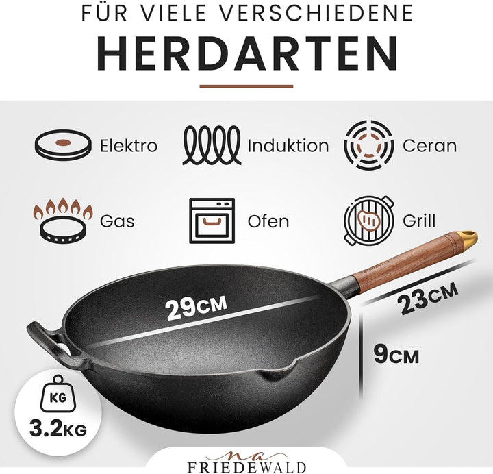 Friedewald® Gusseisen Wok mit Deckel - induktionsgeeignet - 29 cm/für 2-4 Personen - alle Herdarten