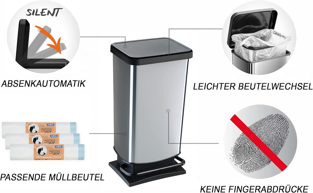 Rotho Paso Mülleimer 40l mit Pedal und Deckel, Kunststoff (PP) BPA-frei, silber metallic, 40 Liter (