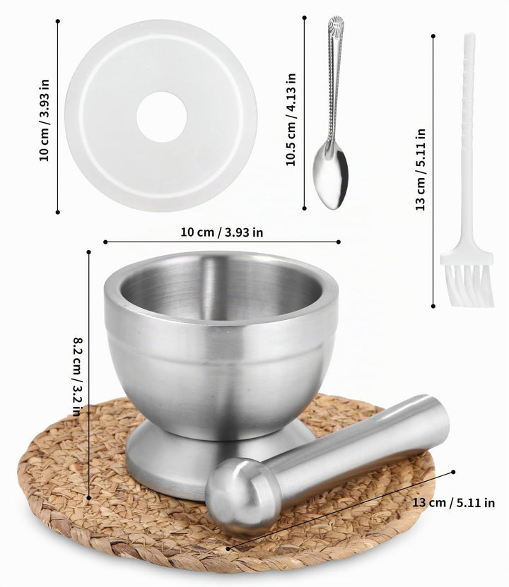 304 Mörser mit Stössel Set mit Stössel Klein, Löffel und Silikondeckel Gewürzmühle Brecher Kräutersc