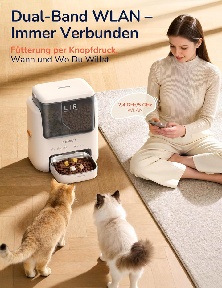 Futterautomat Katze 5L, PalNests Automatischer Futterspender für Katze und Hund mit Edelstahlnapf, D