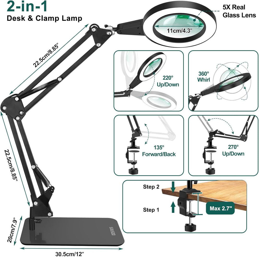 Lupe mit Licht und Ständer, Touch-Steuerung, 2-in-1 LED Lupenleuchte, Schreibtischlampe mit grossem
