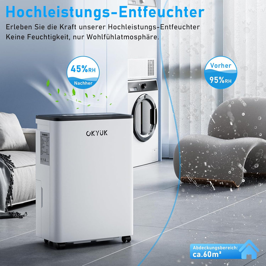 OKYUK Luftentfeuchter Elektrisch 12L mit Digitaler Luftfeuchtigkeitsanzeige, 32dB Leiser 30m², mit a